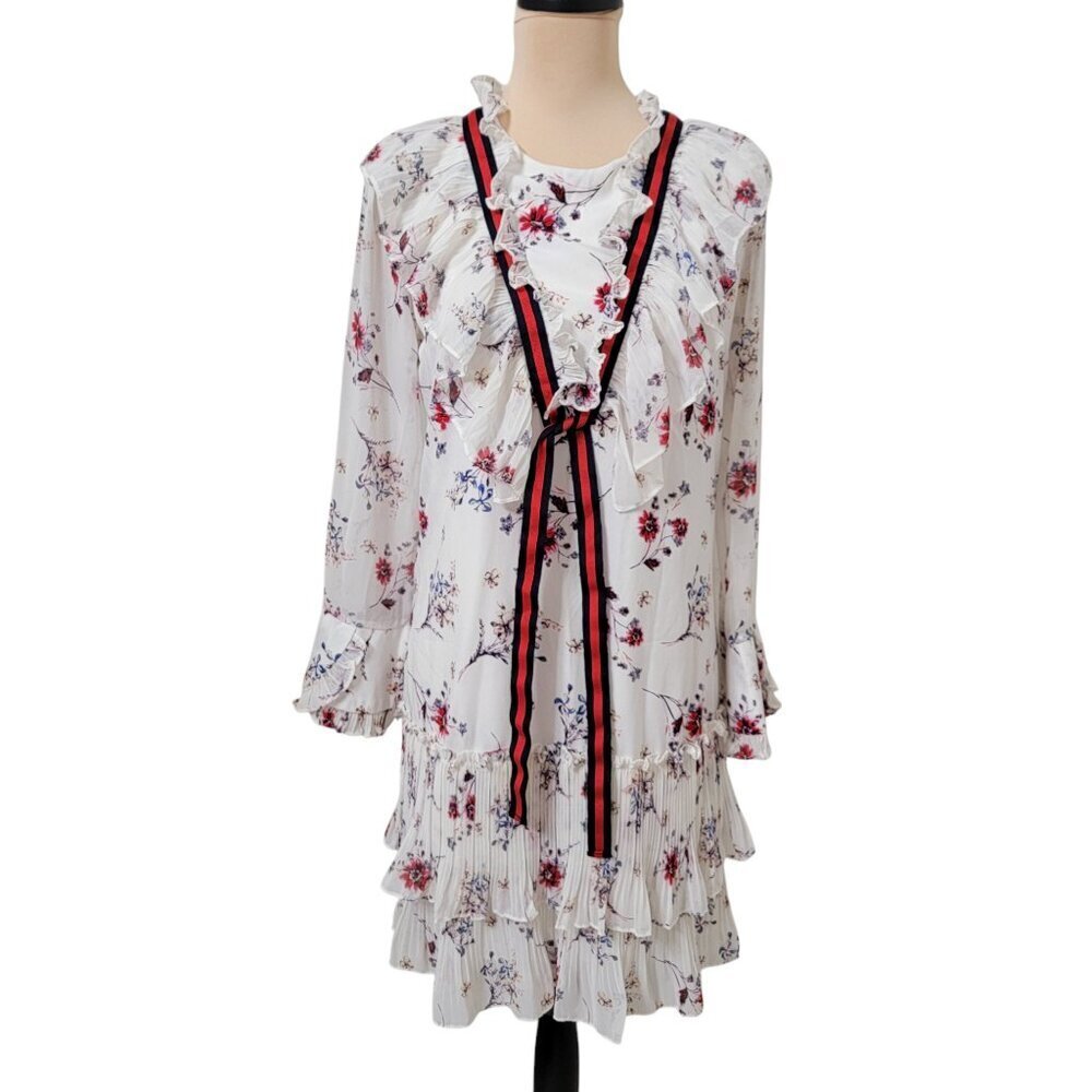 Storets White and Red Midi Dress with Ruffle Details